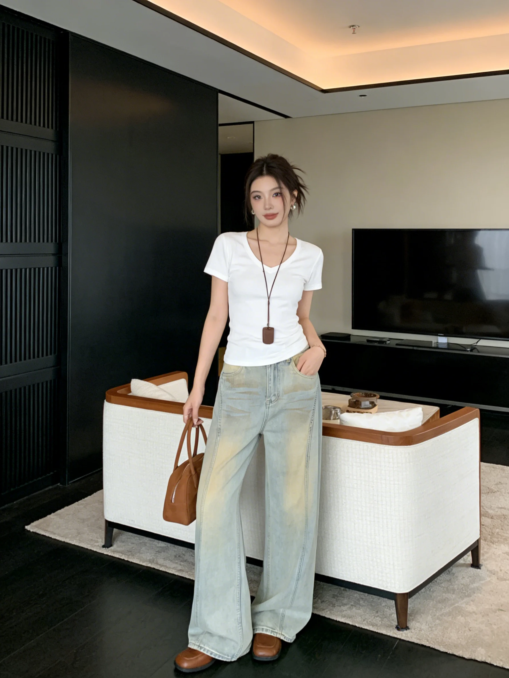 

Ретро джинсы с широкими штанинами и высокой талией для женщин, свободные прямые длинные брюки в корейском стиле, новинка весенней коллекции