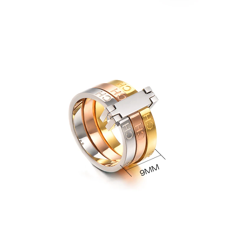 Brand 3 Colors Gold Stainless Steel Finger Rings Fashion Trendy Engrave CH Letter Engagement Wedding Party Rings For Women Men