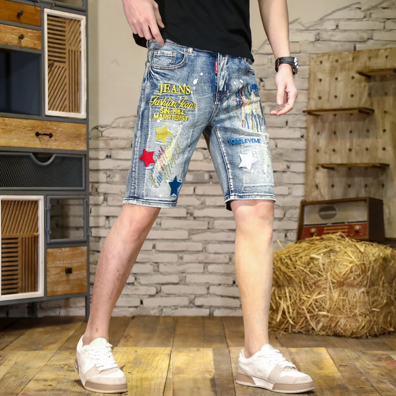 High-end ripped denim shorts Men's straight stretch five-minute pants letter broken holes embroidery men's models