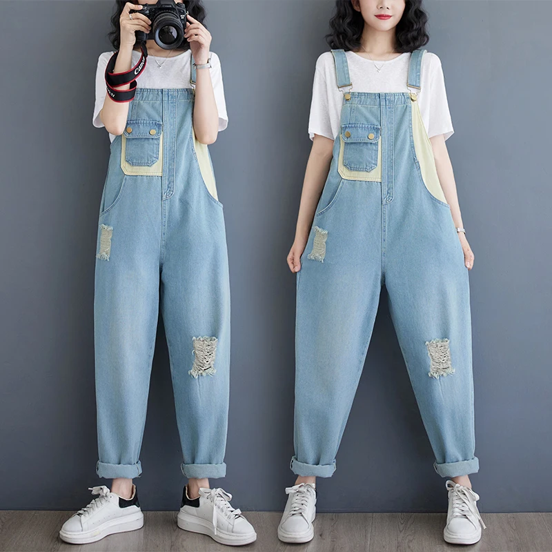 

Aricaca Women Light Blue Wide Leg Dungarees Straps Pants Denim Overalls Women Casual Cotton Jumpsuits