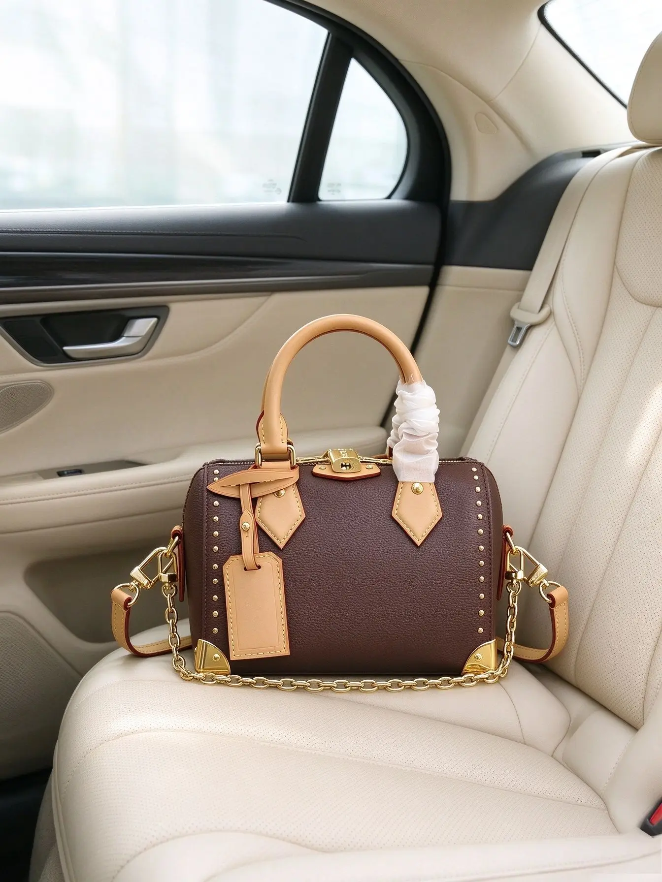 Women Color Block Boston Top Handle Handbag, Brown Pebbled PU Leather Barrel Bag, Rivet Decor & Lock Closure, Detachable Chain Crossbody Strap Travel Purse