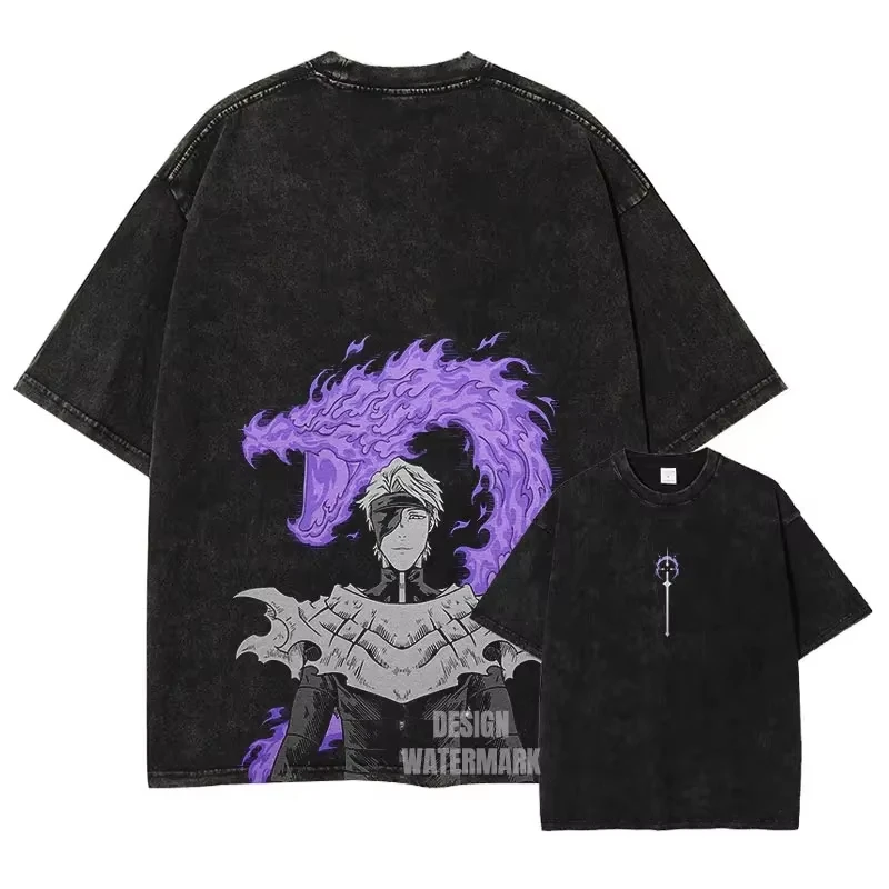 Anime Bleach Ichigo Rukia Zaraki Kenpachi Graphic Print T‑Shirt Unisex Men Women Vintage Washed Cotton Harajuku Streetwear Tops