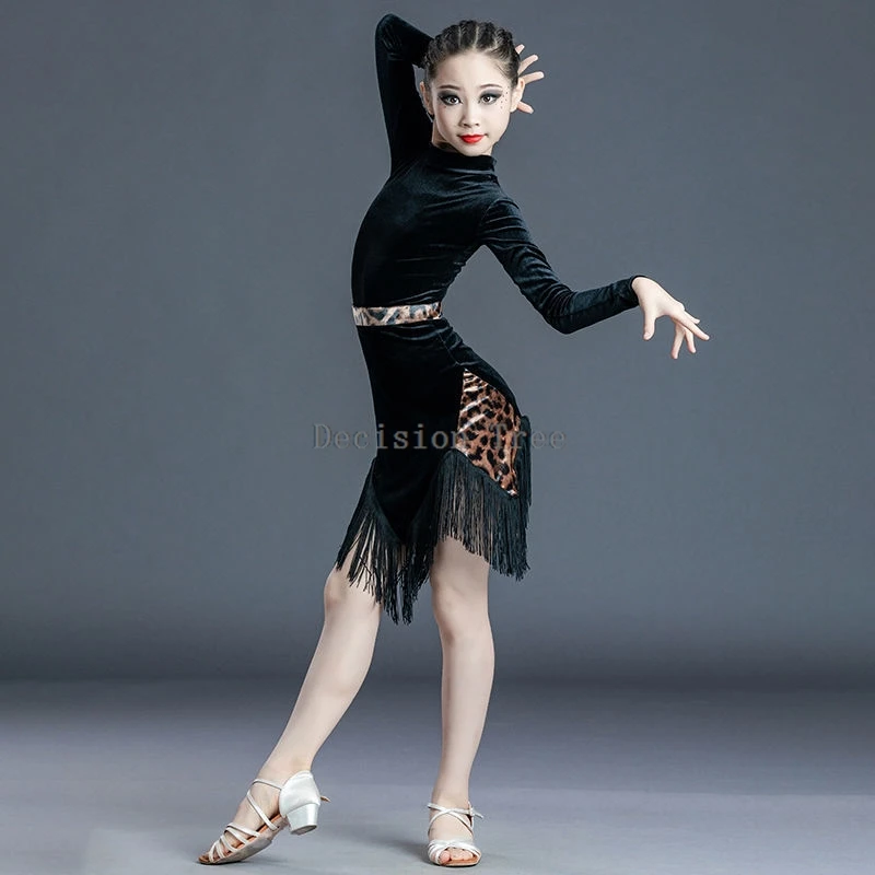 2024 new children's latin dance fringe dress training dress long sleeve dance dress children's competition performance clothing