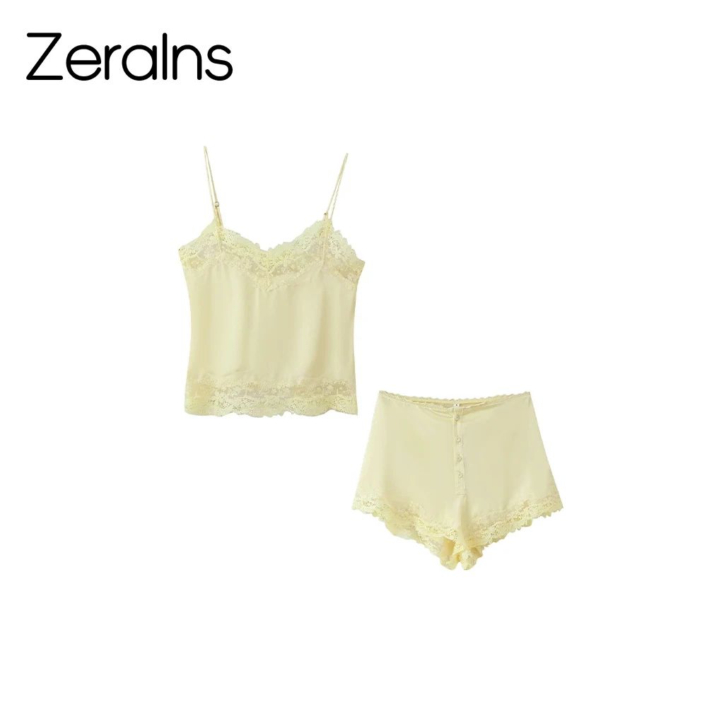 

ZERAINS Women's new fashion style lace patchwork decoration underwear style top casual shorts set