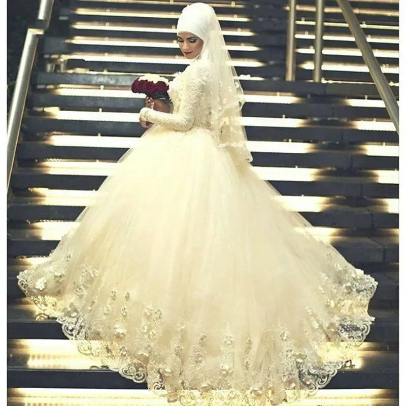 Customized Well Design Muslim Lace Wedding Dress Luxury 2023 Sweep Train Vestidos Novias Long Sleeves Ballgown Bridal Gowns