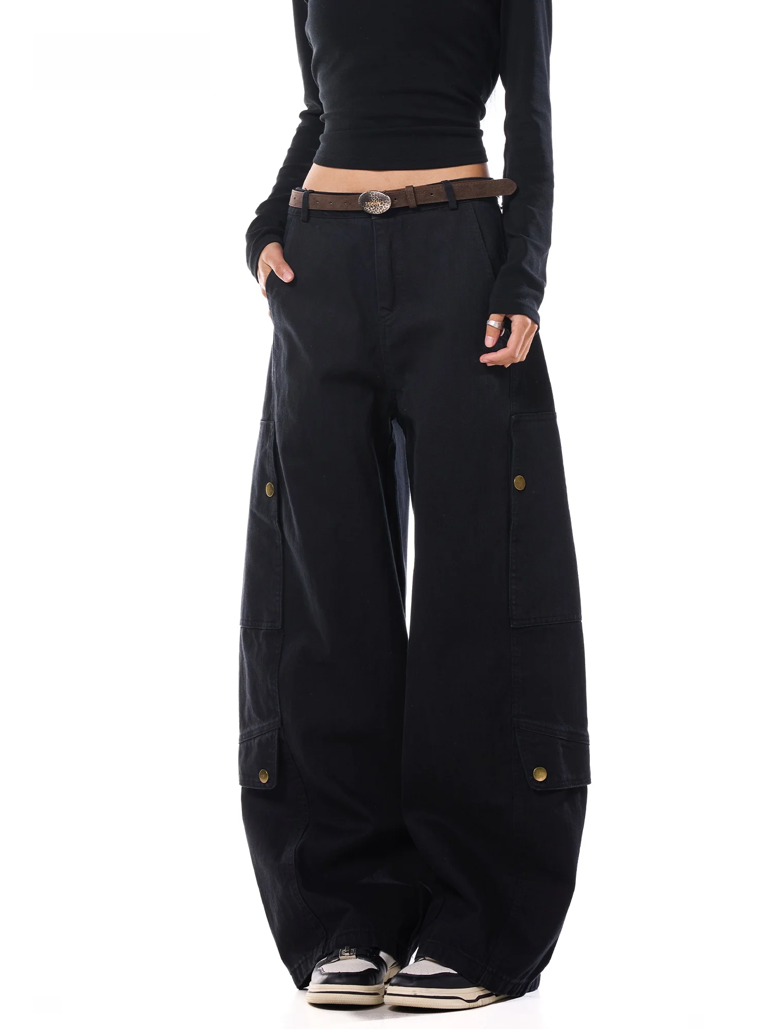 High Waist Wide Leg Black Cotton Casual Workwear Women's Pockets Multiple Rivet Loose Knife Pants American Style Pure Color