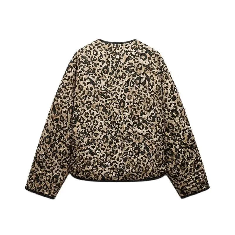 RZRA2024-Chaqueta de algodón retro para mujer, Abrigo acolchado de manga larga con cuello redondo y doble bolsillo, estampado de leopardo, Invierno