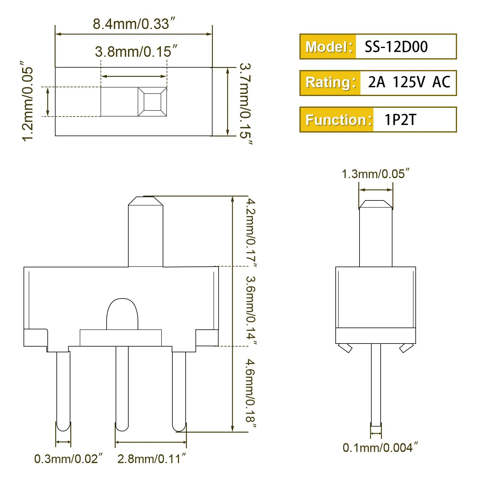 100 Uds Mini interruptor Micro deslizante Vertical 2 posiciones 3 pines Terminal 1p2t SPDT interruptores de encendido/apagado SS-12D00 para PCB placa de pruebas electrón