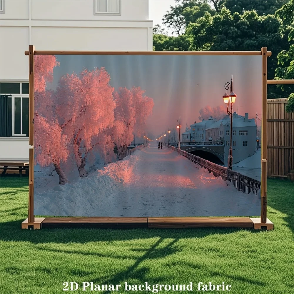 2D Flat, 1pc Winter Snow Scene Tapestry - Large Winter Wonderland Wall Hanging with Icy Pink Birch Trees & Frosted Branches, -li