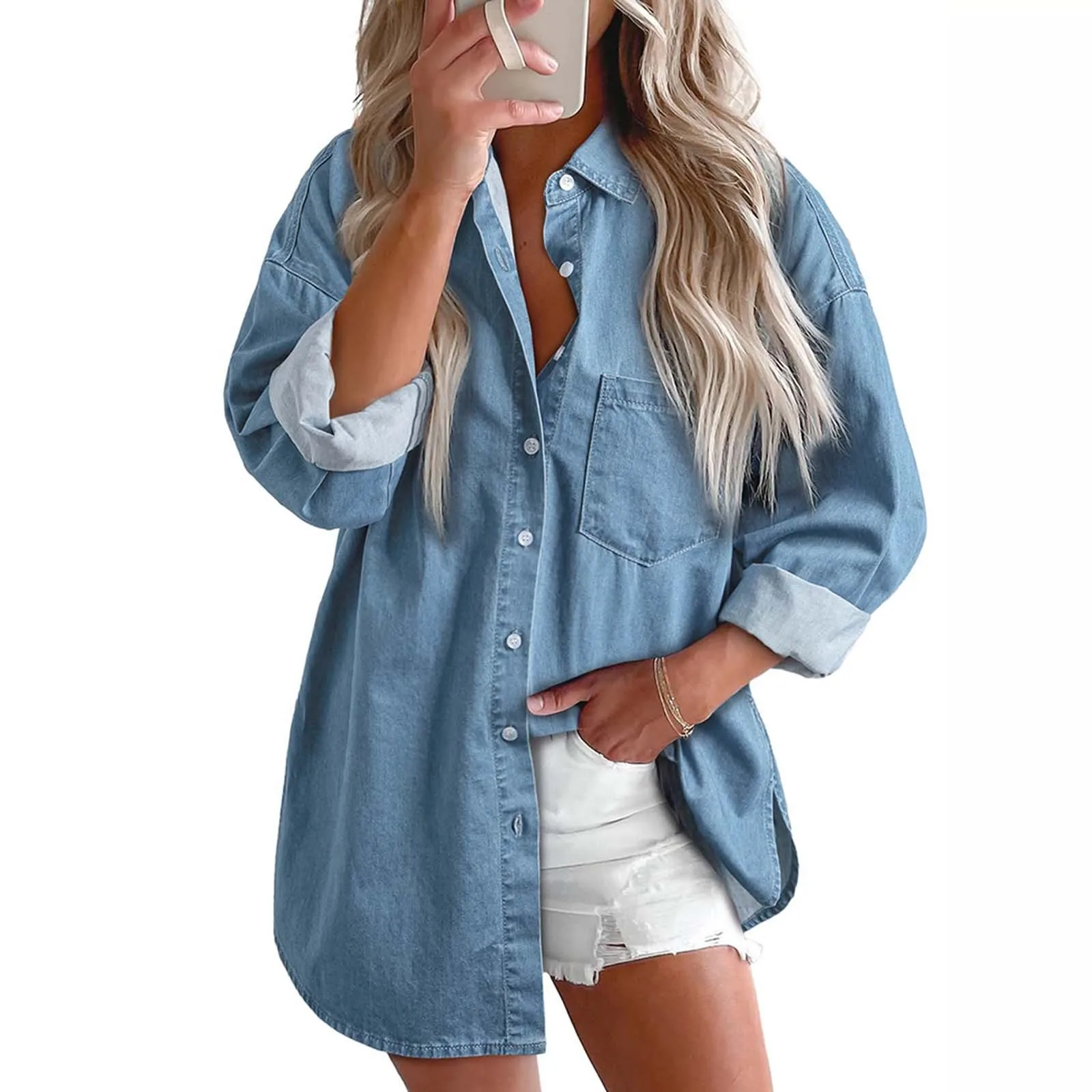 Stylish Women's Denim Button Down Blouse
