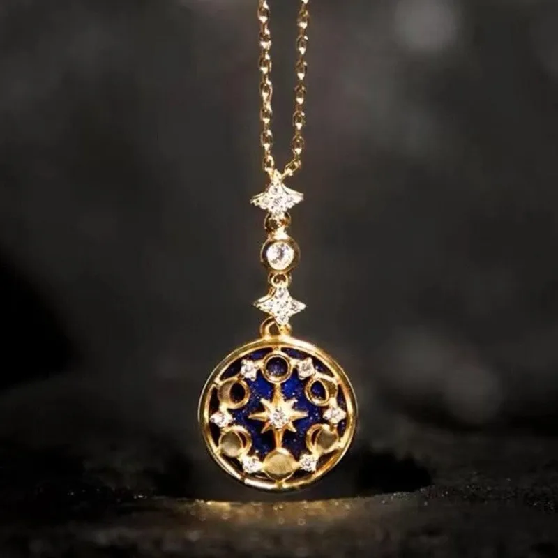 Blue Sandstone Moon Stars Pendant Necklace for Women Delicate Choker Chain Elegant Statement Jewelry Chic Birthday Gift for Her