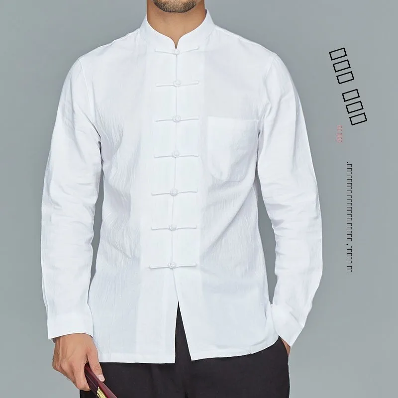 

Men's Cotton Linen Long Sve irt Stand Collar Traditional Chinese Sle Base Layer Top Middle Young Adult Fit Breathable