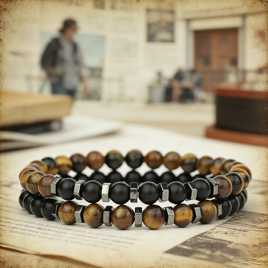 Bracelet Homme Vintage 2 Pièces/Ensemble en Pierre Naturelle – 3 Styles, 6mm, Howlite Mate et Œil de Tigre, Perles Énergétiques, Bracelet de Guérison pour Homme
