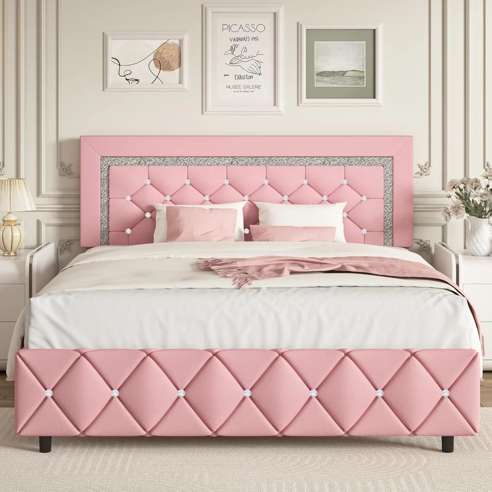 

Queen Bed Frame with Headboard, Faux Leather Upholstered Bed with Diamond Tufted Design, Modern Platform Bed Frame, No Box Sprin