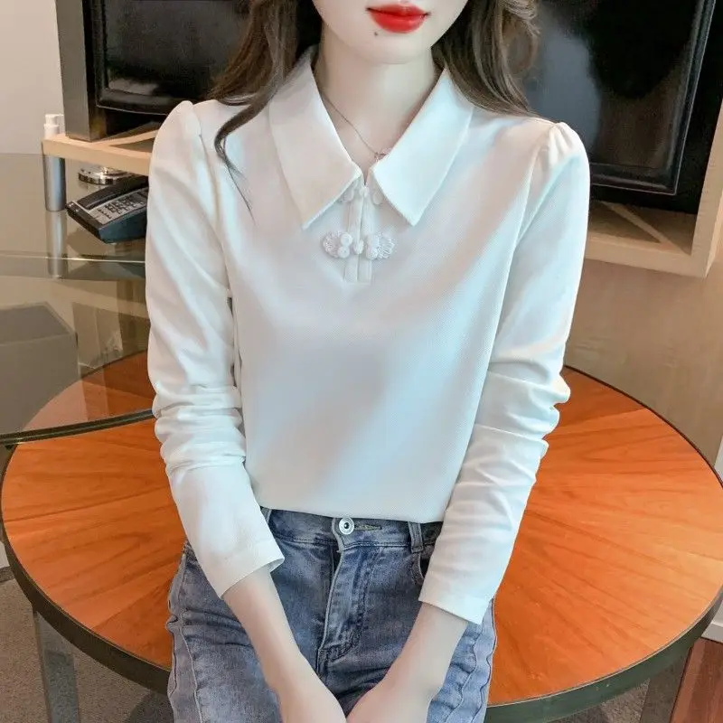 เสื้อยืดคอปกโปโลสไตล์จีนสําหรับผู้หญิงแขนยาวฤดูใบไม้ร่วงและฤดูหนาวเสื้อฐานใหม่