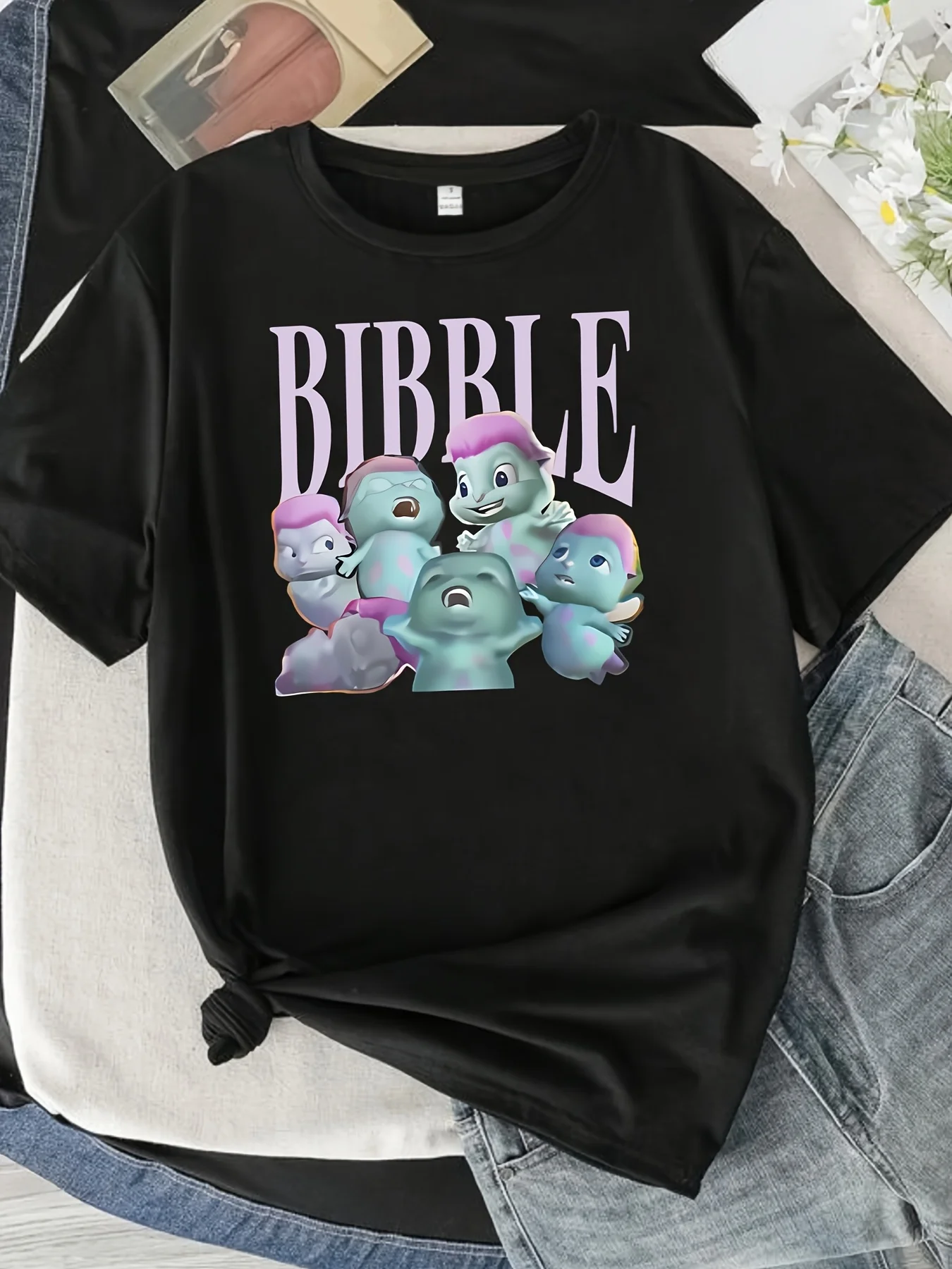

Ladies Black Bibble Cartoon Pattern T-shirt - Casual Summer Short Sleeve T-shirt with Purple Letters and Blue Characters