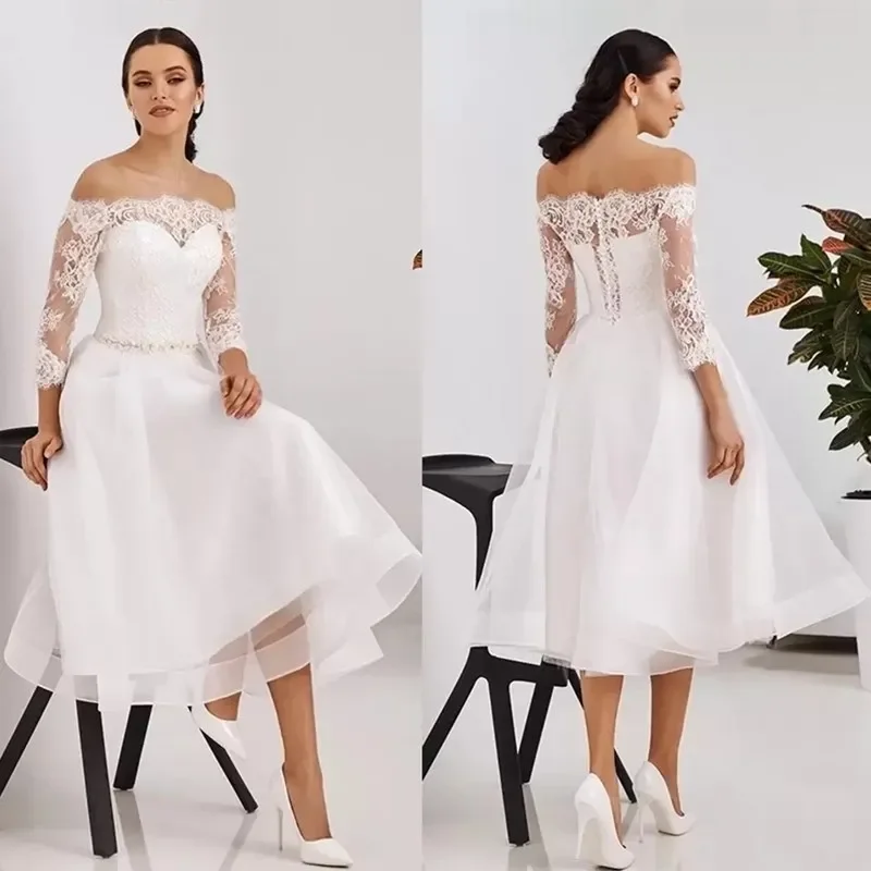 

Elegant vintage Beach Sexy off-the-shoulder 3/4 Long Sleeve Wedding Dress Bohemian Garden Tea Length Lace applique bridal dress