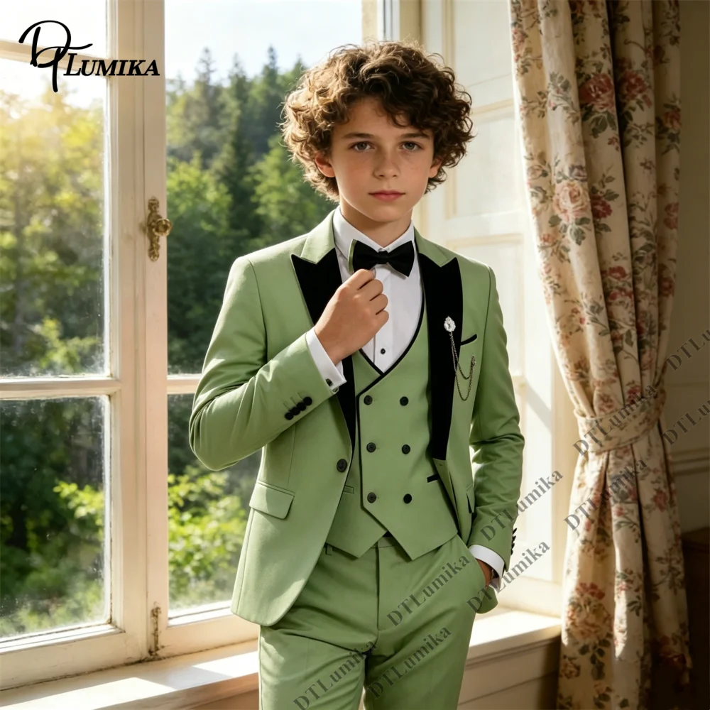 Sage Green Boys 3Pcs Suit Velvet Lapel Jacket Vest Pants Toddler Page Boy Outfit 3T-14T Wedding Birthday Graduation Costume