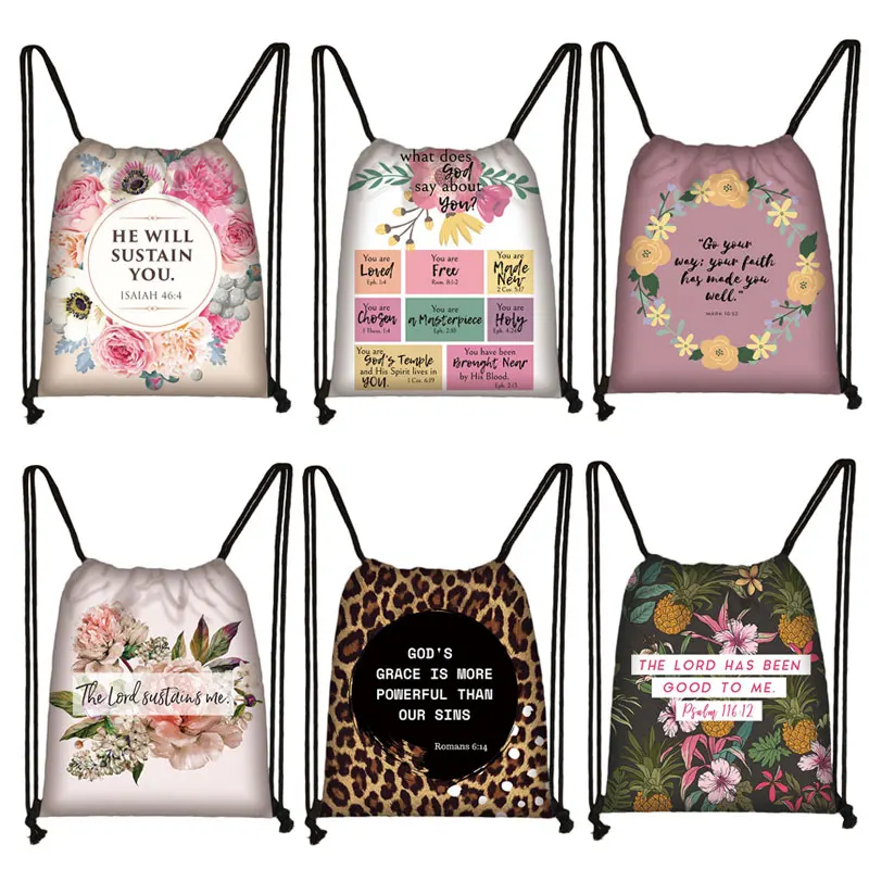 Bible Verse Floral Print Backpack The Lord Sustains Me Women Drawstring Bags for Travel Men Daypack Shoese Holder Book Bag Gift