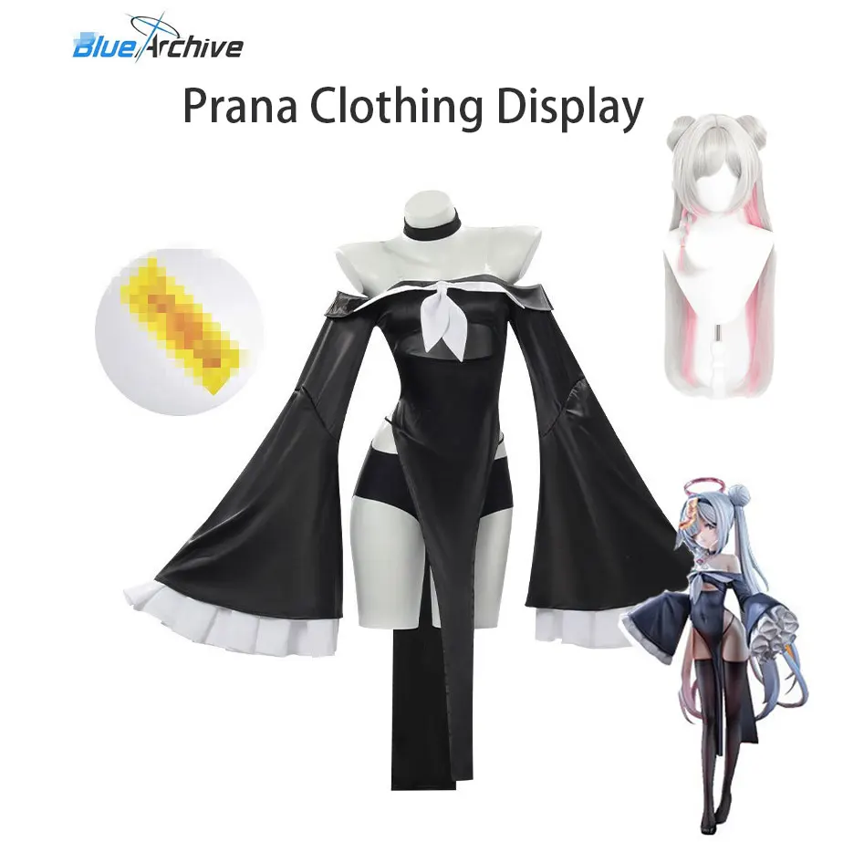 Blue Archive Arona Nun Cosplay-Kostüm, schwarzes schulterfreies Bodysuit-Kleid mit Glockenärmeln für Damen, Anime Halloween Carnival Comic Con