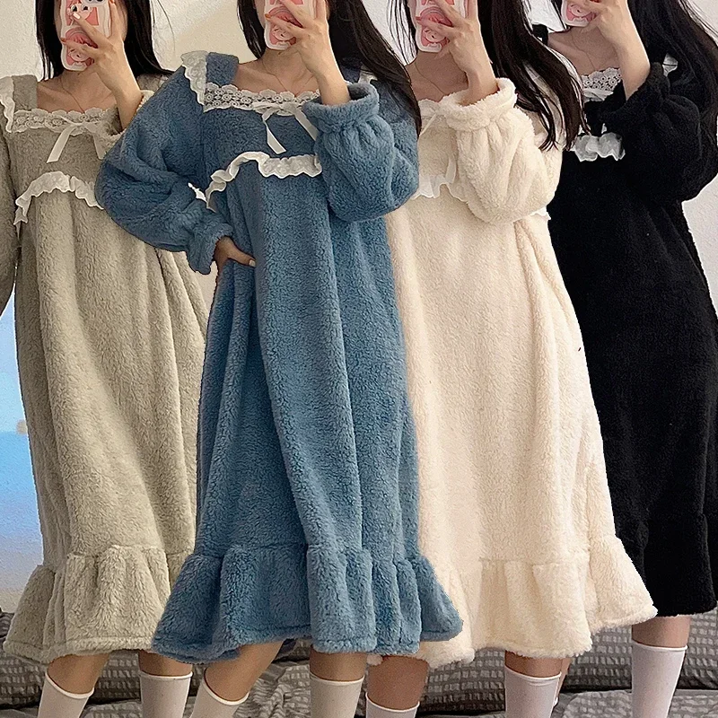 

Winter Thick Warm Long Sleeve Flannel Nightgowns for Women Korean Cute Lace Coral Velvet Sleepwear Night Dress Nightdress Nighty