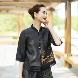 2024 new chinese style jacket button Breathable black shirt women graceful half sleeves blouse fashion tangsuits top