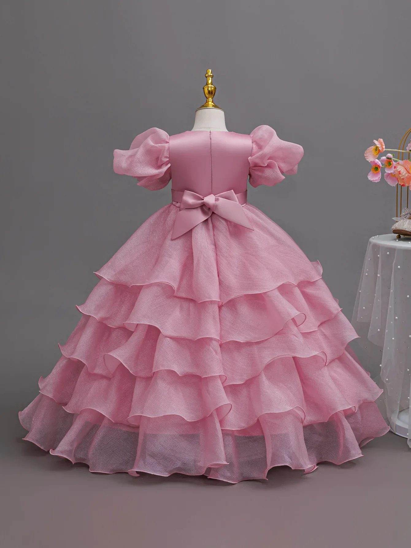Elegant Flower Girl Dresses for Weddings Kids Party Layered Ball Gown Puff Sleeve Mesh Children's Formal Prom 4-12Y