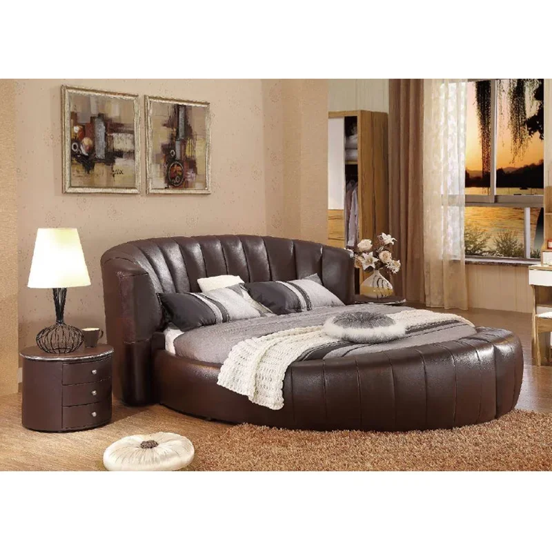 Modern queen double upholstered platform bed king size bedroom room furniture luxury leather round bed frame