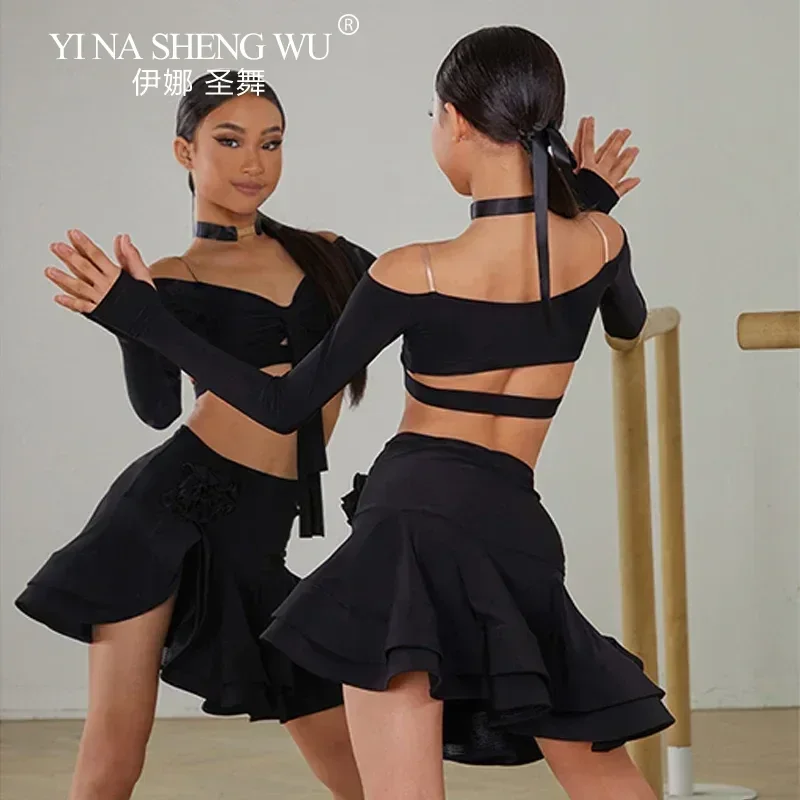 Nuevo conjunto de falda superior de baile latino para niñas, trajes de competición de actuación Cha Samba, falda superior de manga larga con hombros descubiertos, 2 colores