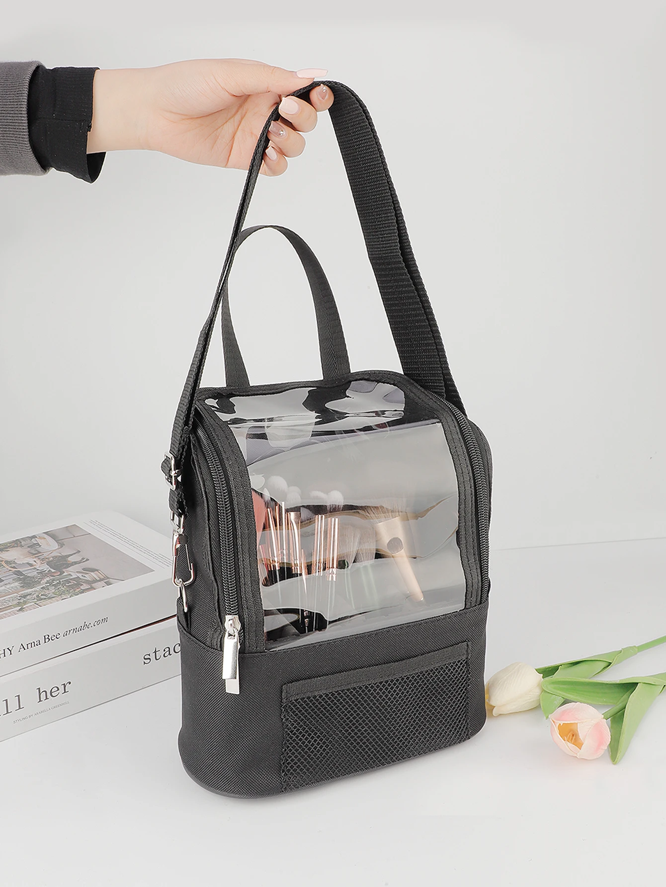 Single Large-Capacity Semi-Transparent Outdoor Portable Style PVC Black Diagonal Cross Makeup Organizer Bag