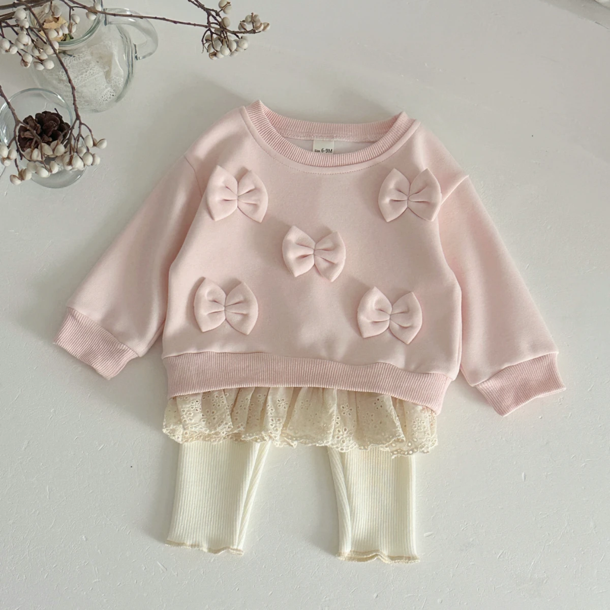 

Хлопковая одежда для девочек: свитшот с бантом и кружевным краем, брюки на резинке, осенний комплект, одежда для новорожденных