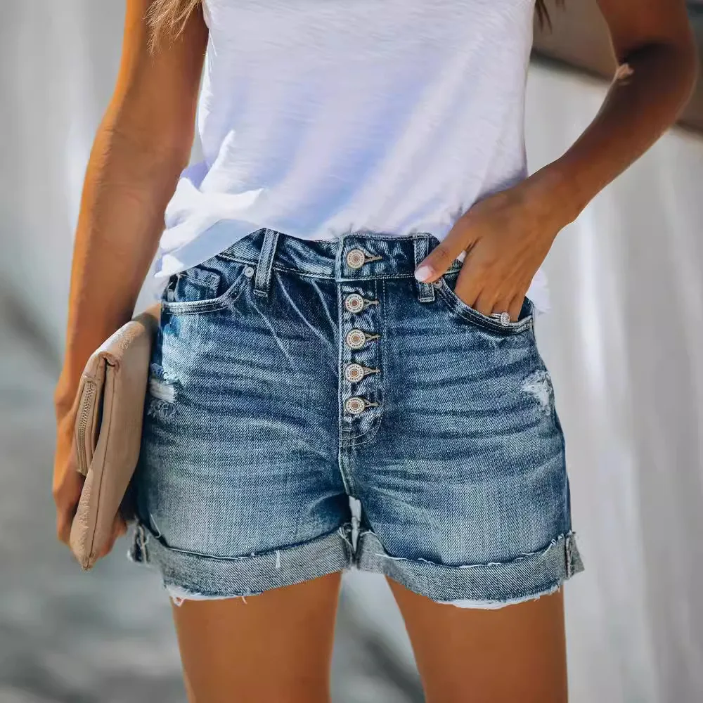 2024 Summer Fashion Top High Waist Curled Edge Casual Denim Shorts