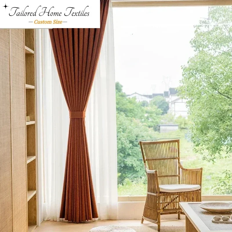 

Caramel Velvet Blackout Curtains for Living Room Bedroom Herringbone Chenille Light Luxury Retro Australian Wool Custom Size
