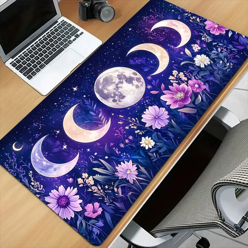 Purple Flowers And Moon Phase Mouse Pad Desk Mat With Stitched Edge Xxl Mousepads Rubber Anti Slip Gamer Keyboard Rug Gaming Mat
