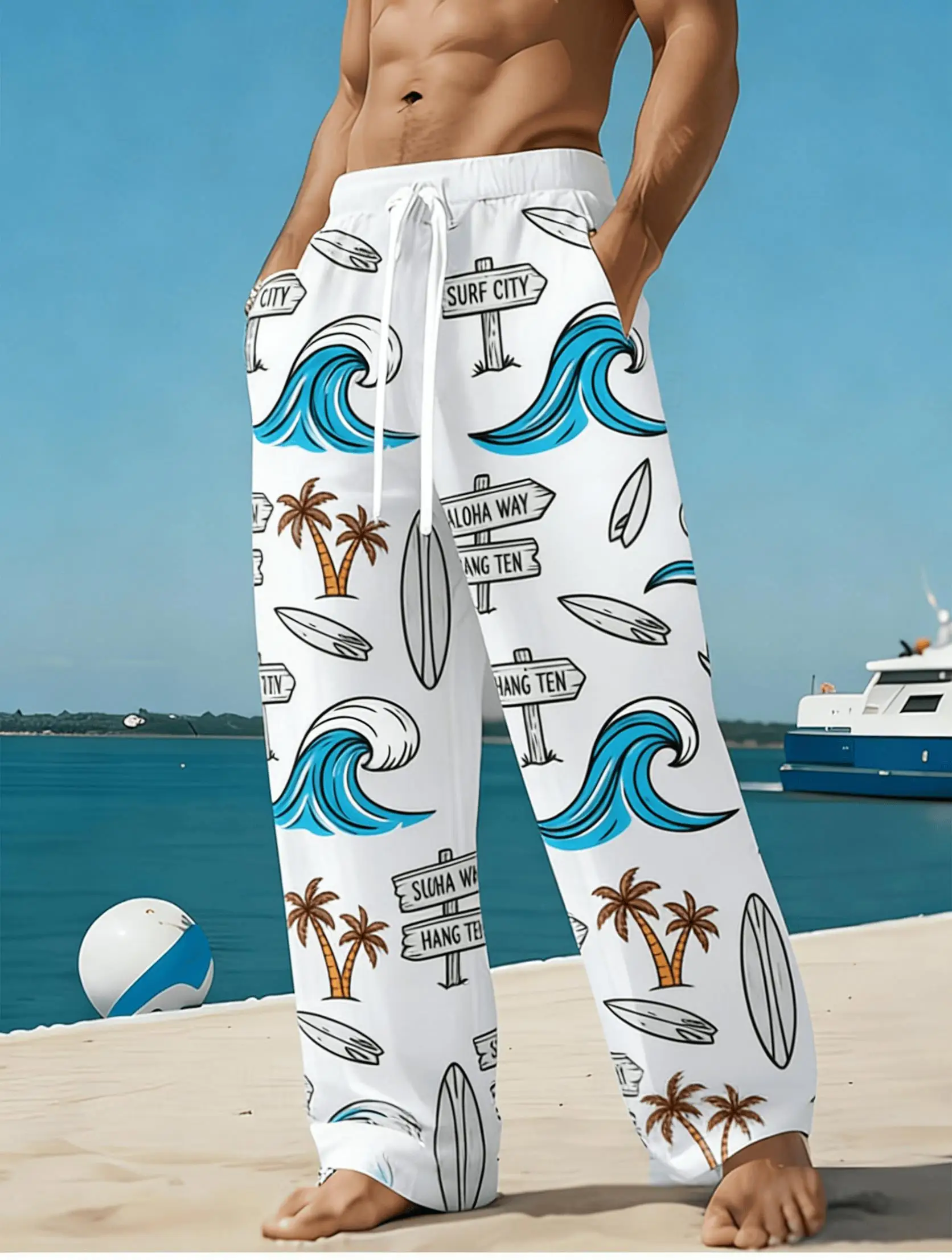

Men's Surf City Road Sign Print Casual Pants, Spring Summer Beach Vacation Loose Straight Trousers, Drawstring Waist