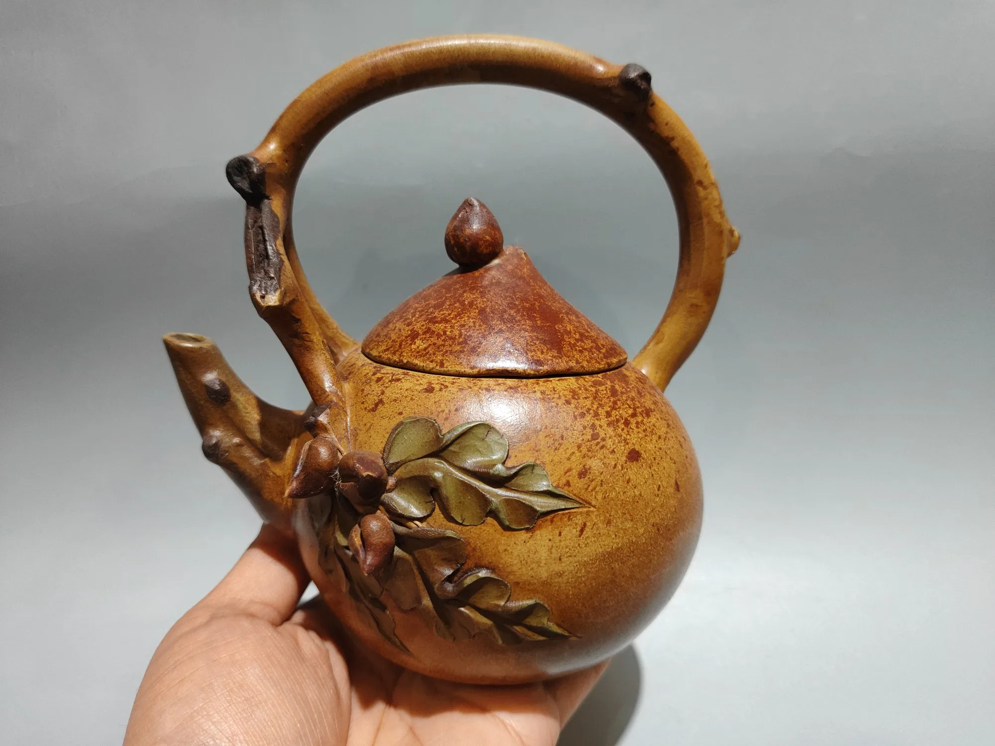 Yixing Purple Clay Teapot Peach Cover Longevity pick shaped pot Tree root texture Loop-handled Teapot Kettle tea ceremony