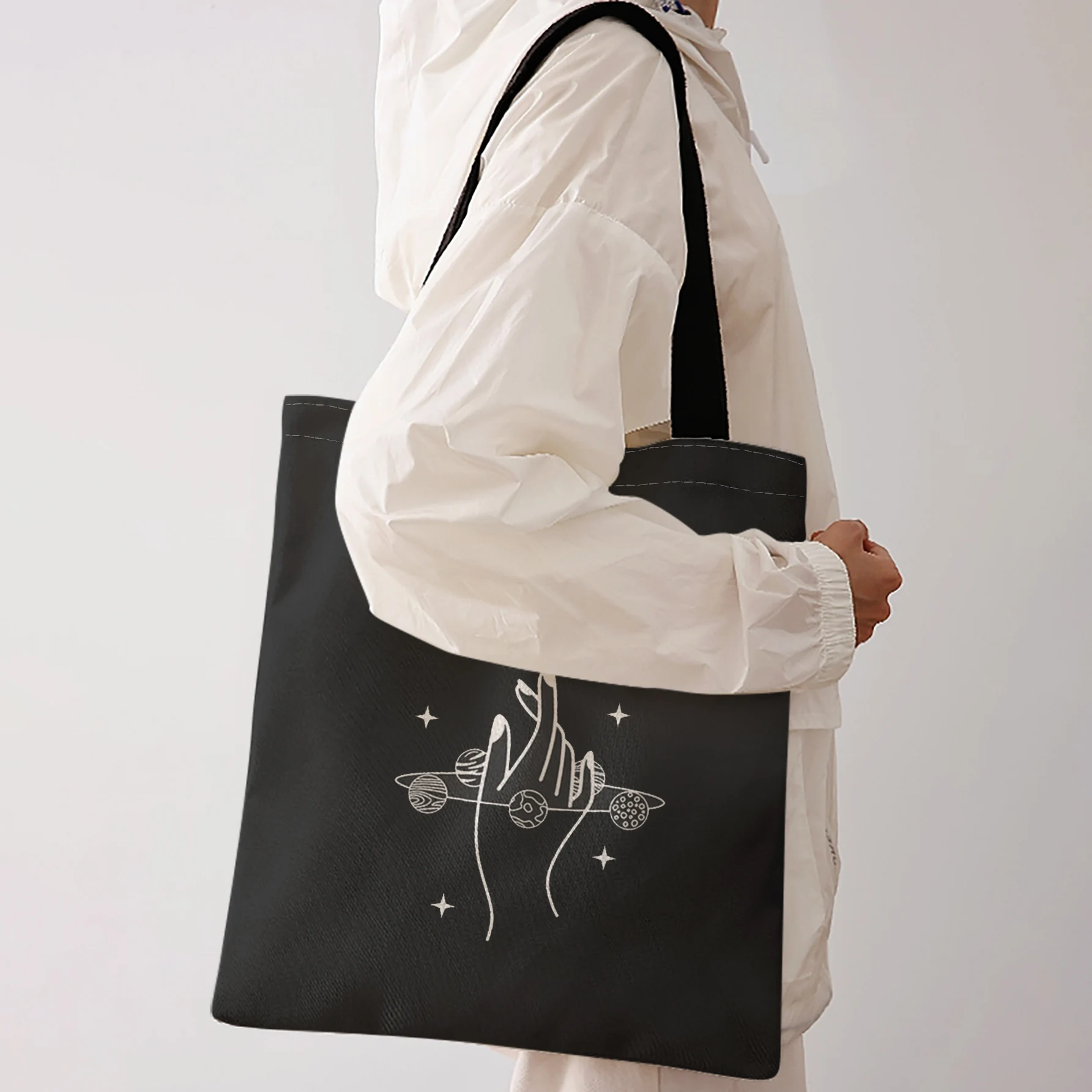Line Art Hand Moon Planet Star Print Tote Bag With Black Handles Large Shoulder Handbag For Shopping Daily Use