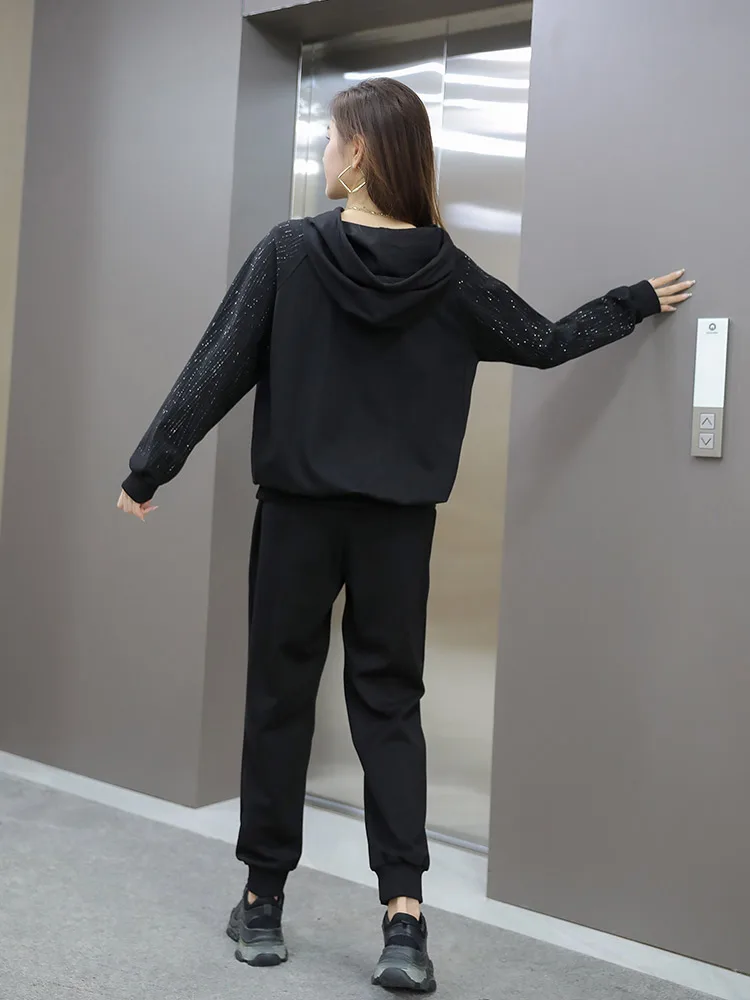 Fashion Suit Women's Over Size 2024 Spring New Rhinestone Slimming Loose Youthful-Looking Long Sleeve Solid Color Two-Piece Set
