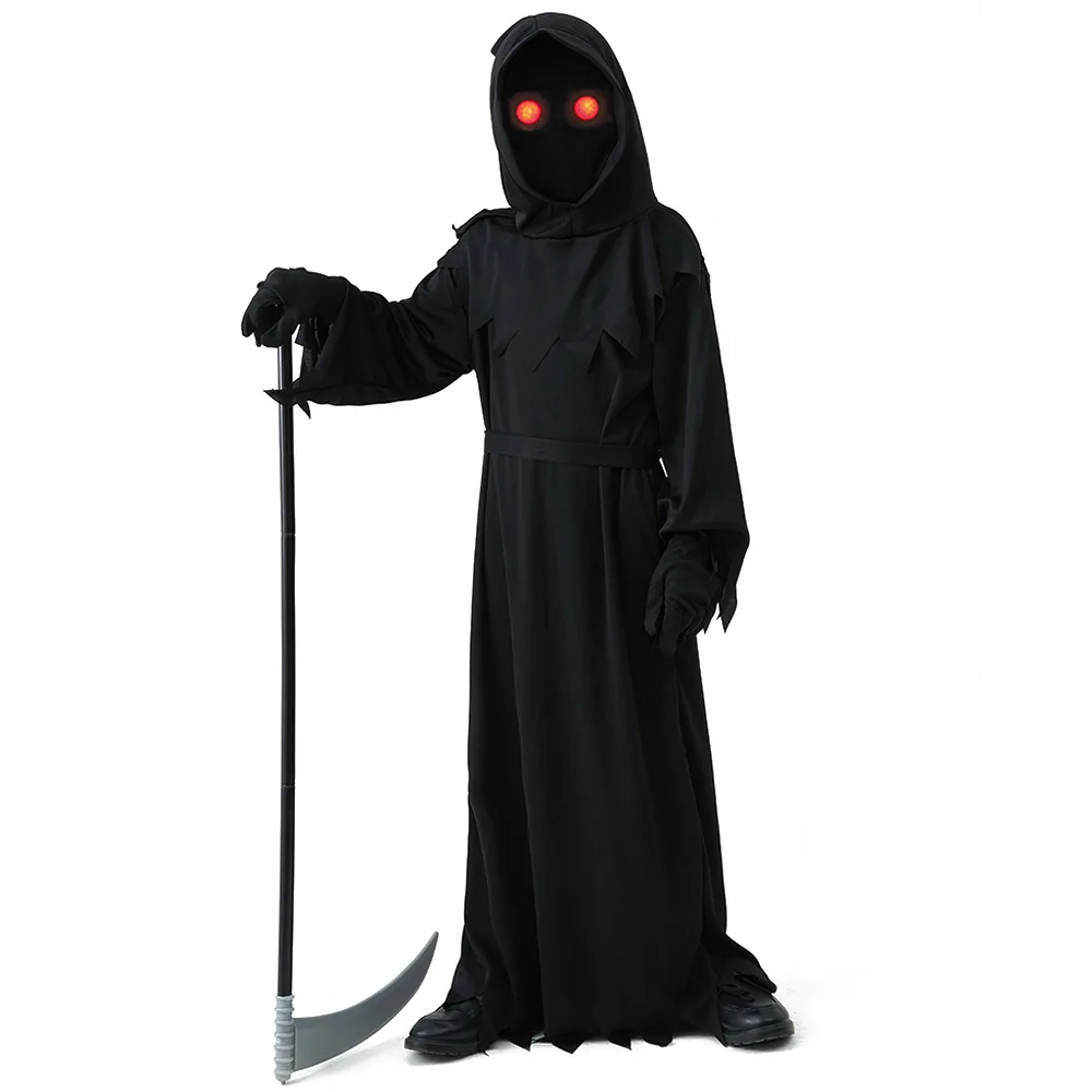 Disfraz de Halloween para niños, disfraz de esqueleto aterrador Grim Reaper, ojos rojos brillantes, bata de fantasma Grim Reaper, enviar accesorios de guadaña