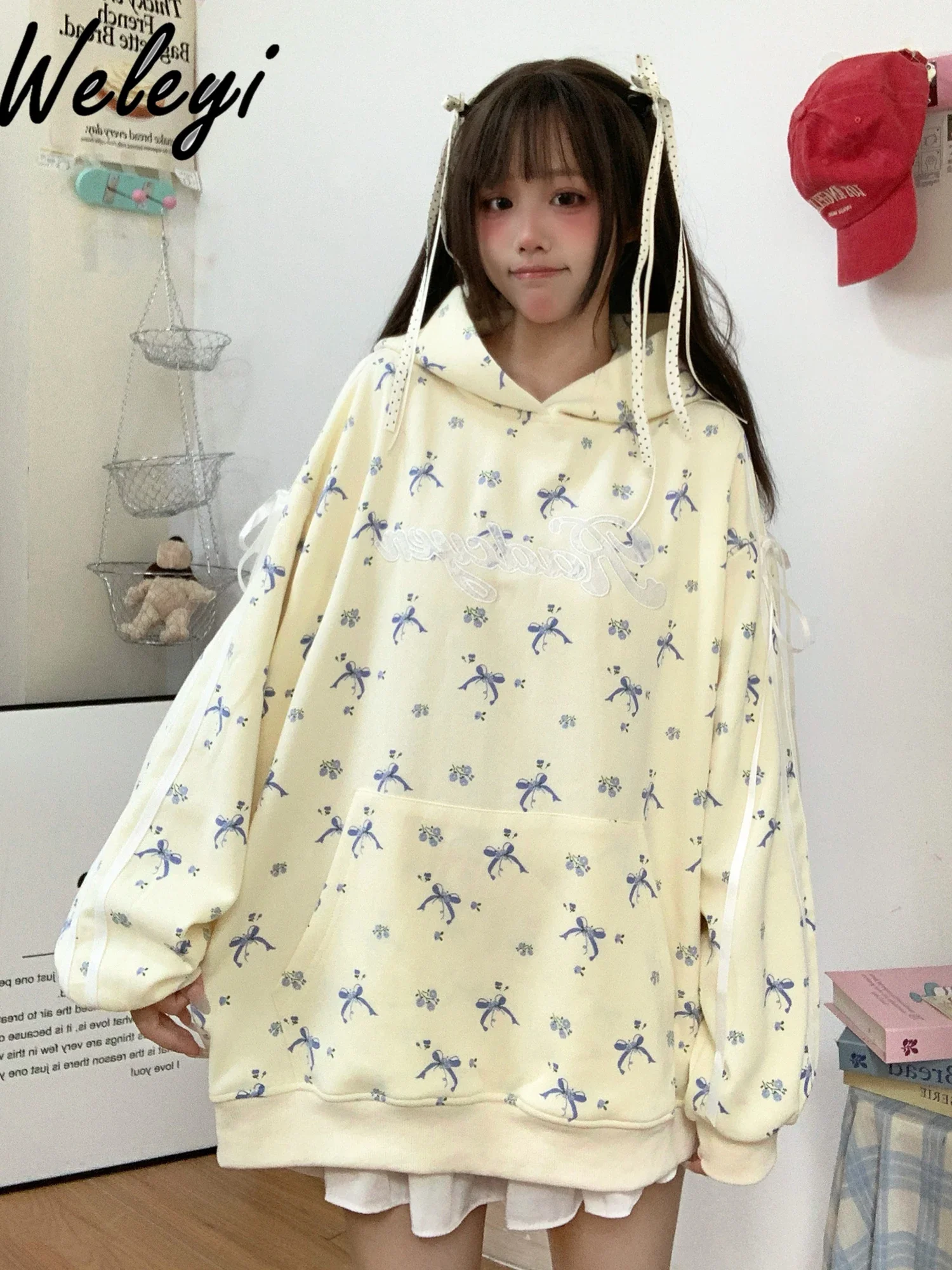 Cute Loose Full Printed Bow Hooded Hoodie Student Woman Japanese Style Sweet Women's Long Sleeve Mid-length Sweatshirts Feminino