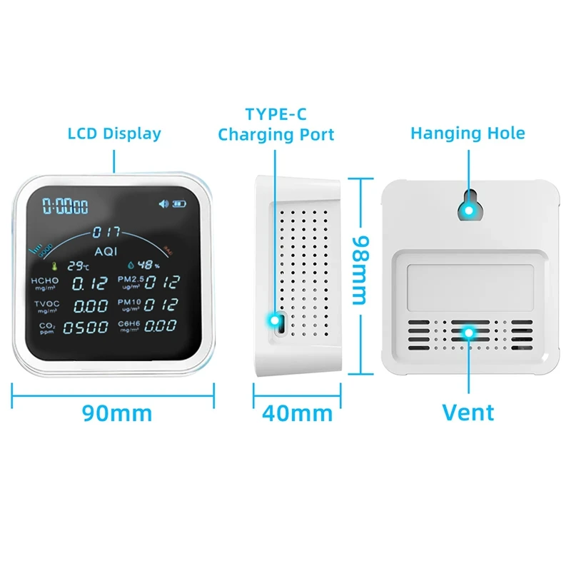 Imagem -06 - Portátil Tvoc Monitor de Qualidade do ar Detector Relógio Alarme Monitor de Poluição do ar Tuya Wifi Co2 Hcho H6c6 Pth-9bw