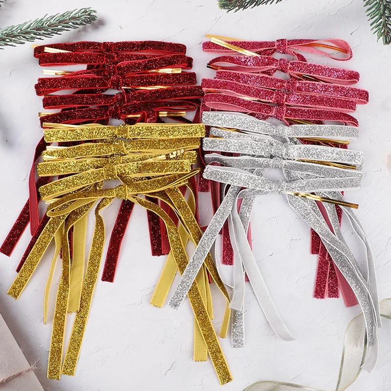 

12pcs Red Gold Velvet Bow Christmas Tree Hanging Ribbon Bow Glitter Ornaments DIY Crafts 2025 Christmas Party Gift Decorations