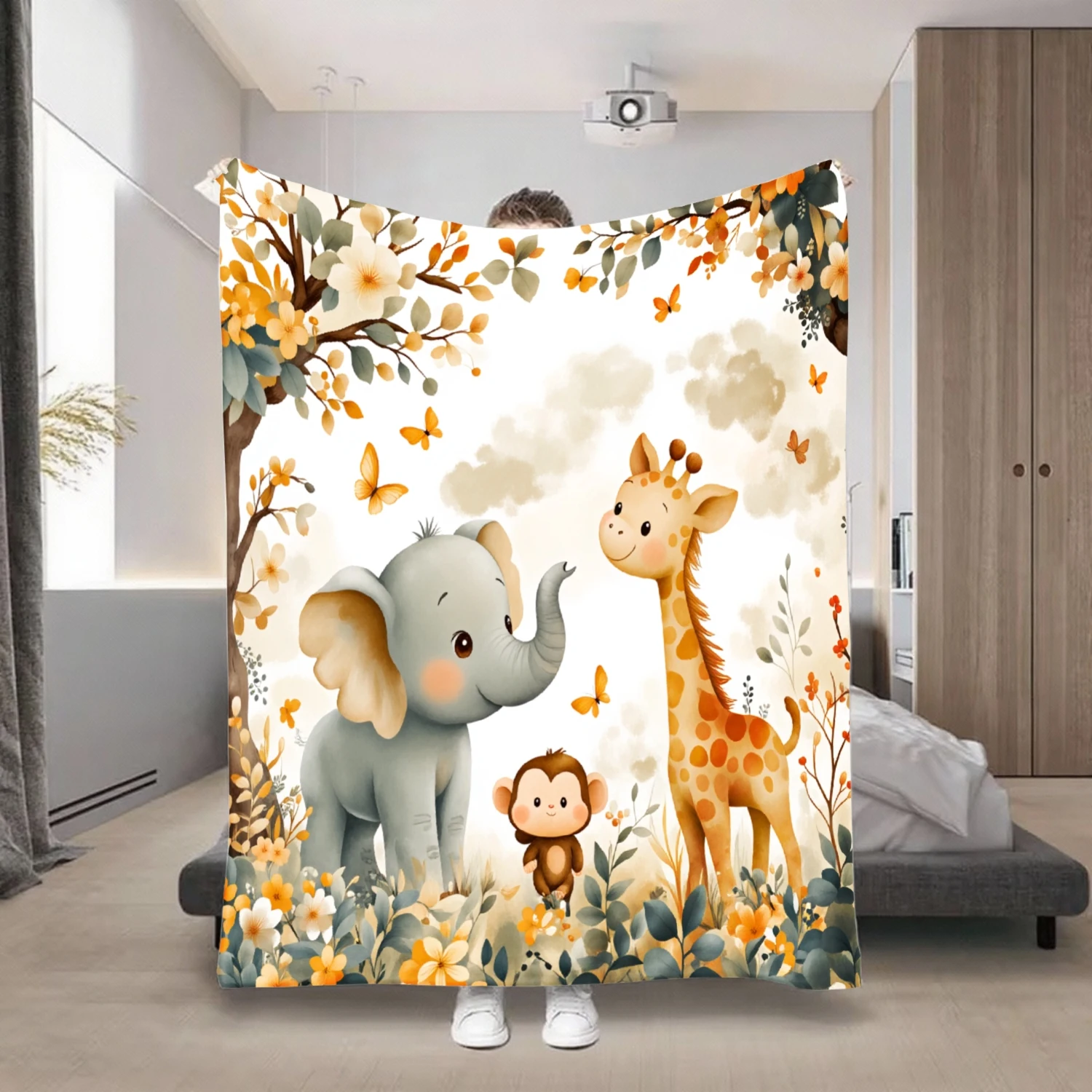 Multifunctional Vacation, Comfortable Flannel Throw Blanket with Elephant, Monkey And Giraffe Patterns - Soft, Warm, Suitable fo