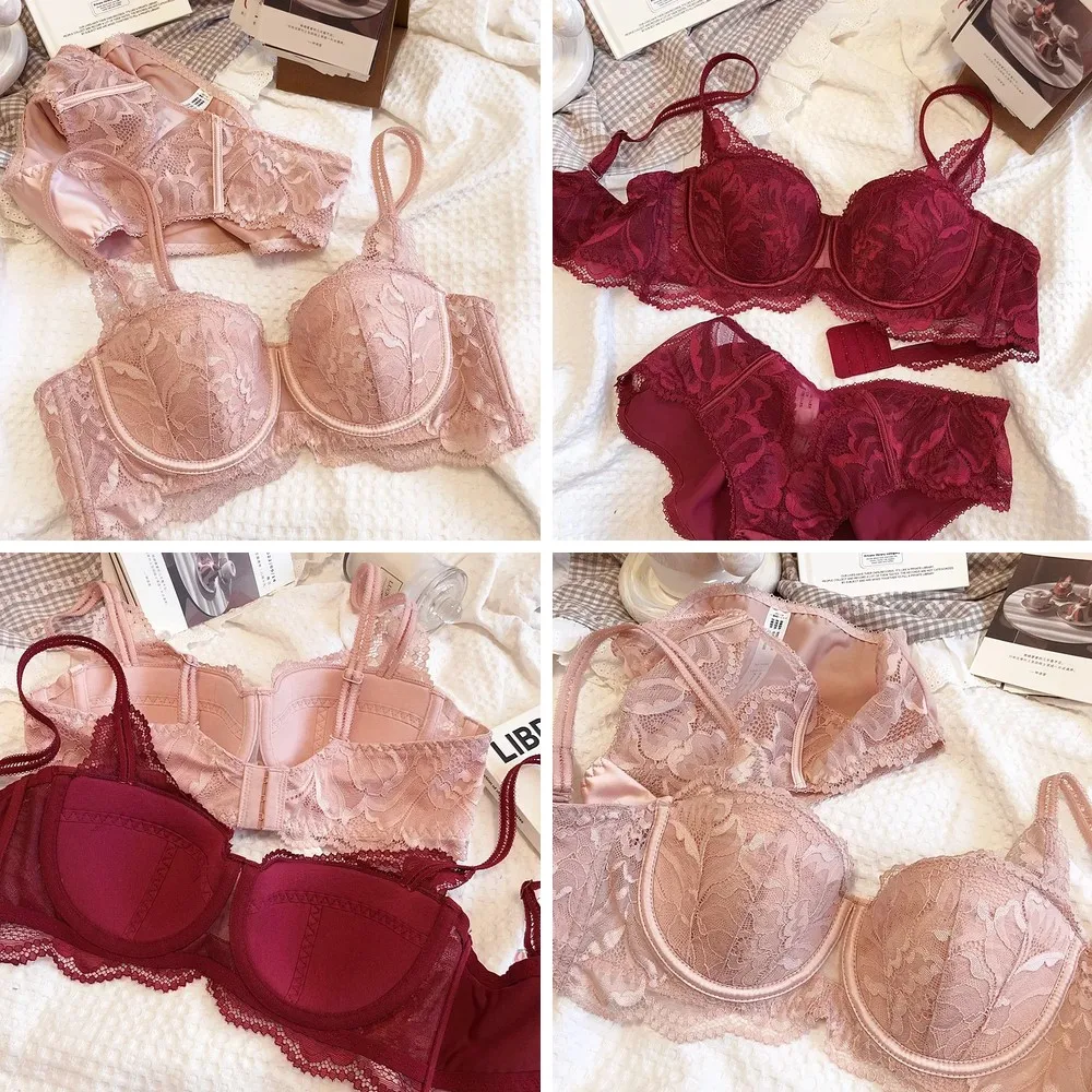 

Sexy Lace Bralette Set with Steel Rings, Anti-Sagging Comfort Bra for Large Chest, Push Up Half Cup