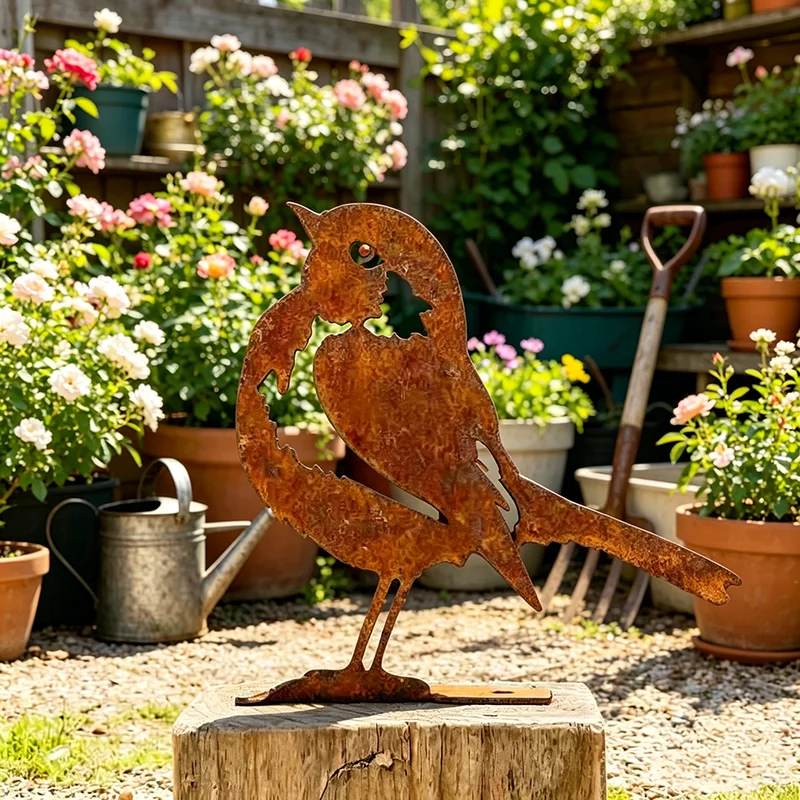 Rusty Metal Bird Sculpture Garden Decor Outdoor Rustic Iron Robin Art Ornament Yard Fence Lawn Decorative Statue