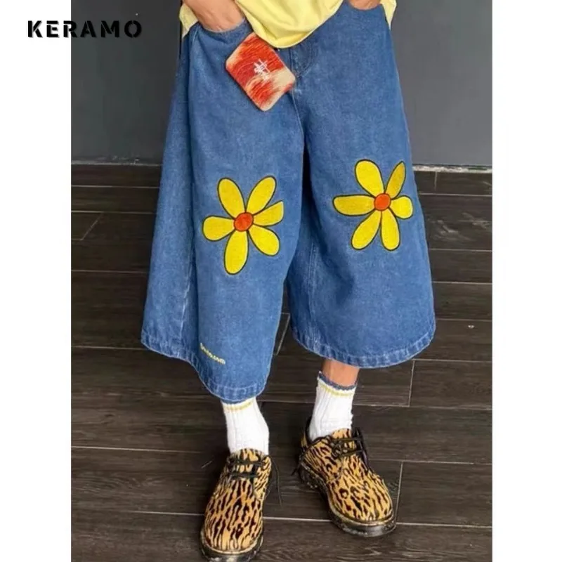 Korean Y2K Wide Leg Baggy 2000s Denim Shorts Women's Vintage Casual Calf-Length Pant Female High Street Retro Loose Trashy Jeans