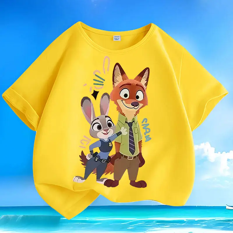 

Новый универсальный повседневный летний топ из чистого хлопка с принтом Disney Zootopia, модный топ с короткими рукавами и круглым вырезом для мальчиков и девочек