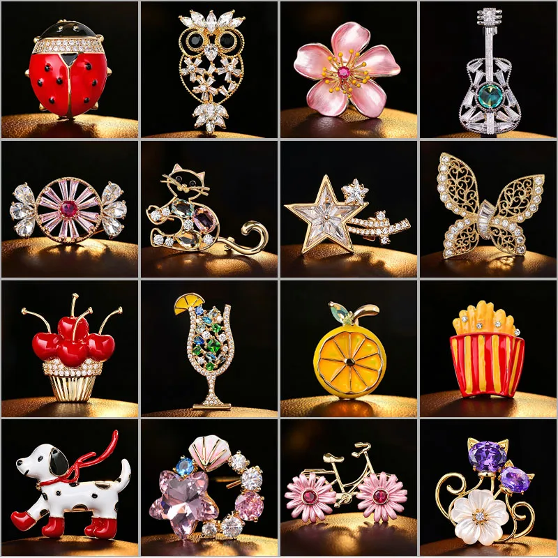 Summer New Creative Cute Small Animals Insect Flowers Brooches Luxurious Zircon Temperament Enamel Pins Coat Suit Accessories