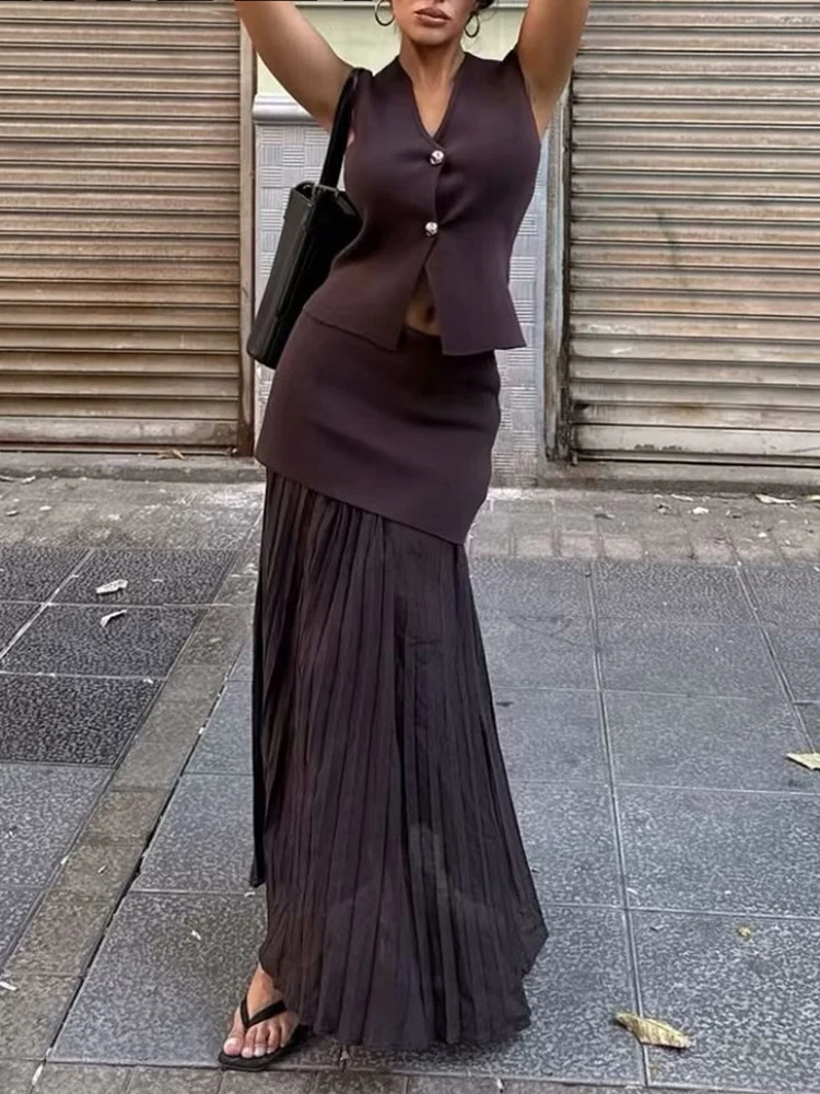 HH Elegant Women's Two-Piece Outfit Knitted V-Neck Sleeveless Slim Vest +Solid High Waist Zipper Patchwork Long Skirt Set