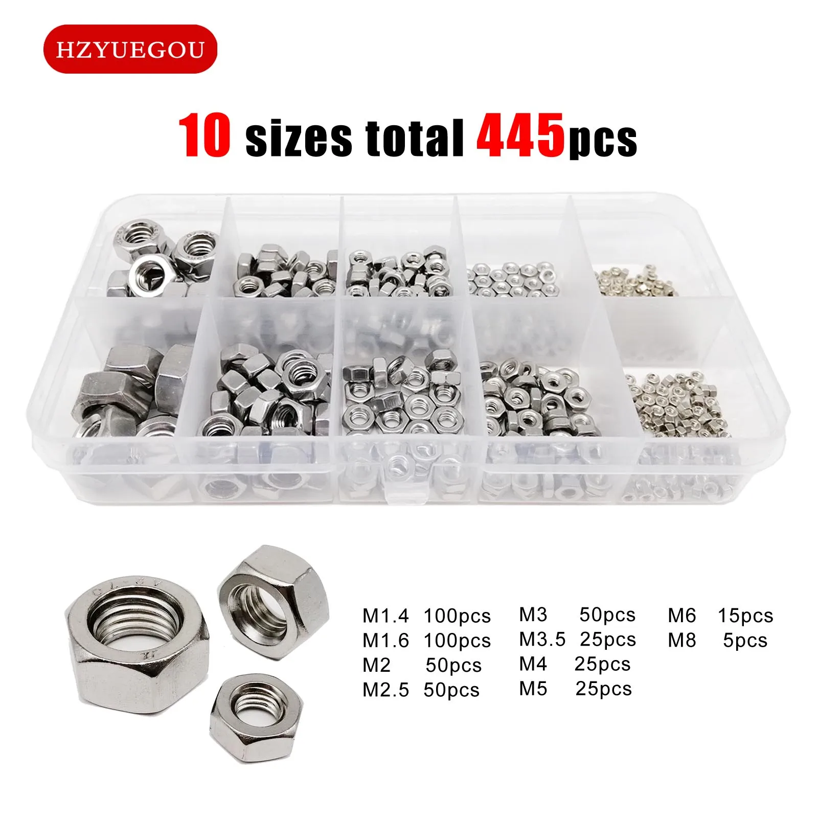 445pcs DIN934 Small Micro Hex Hexagon Nut Set Assortment Kit Box 304 Stainless Steel Brass M1.4 M1.6 M2 M2.5 M3 M3.5 M4 M5 M6 M8